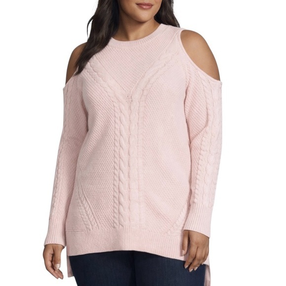 a.n.a Sweaters - a.n.a Cold Shoulder Tunic Blush Pink Cable Knit Cozy High Low Sweater XXL